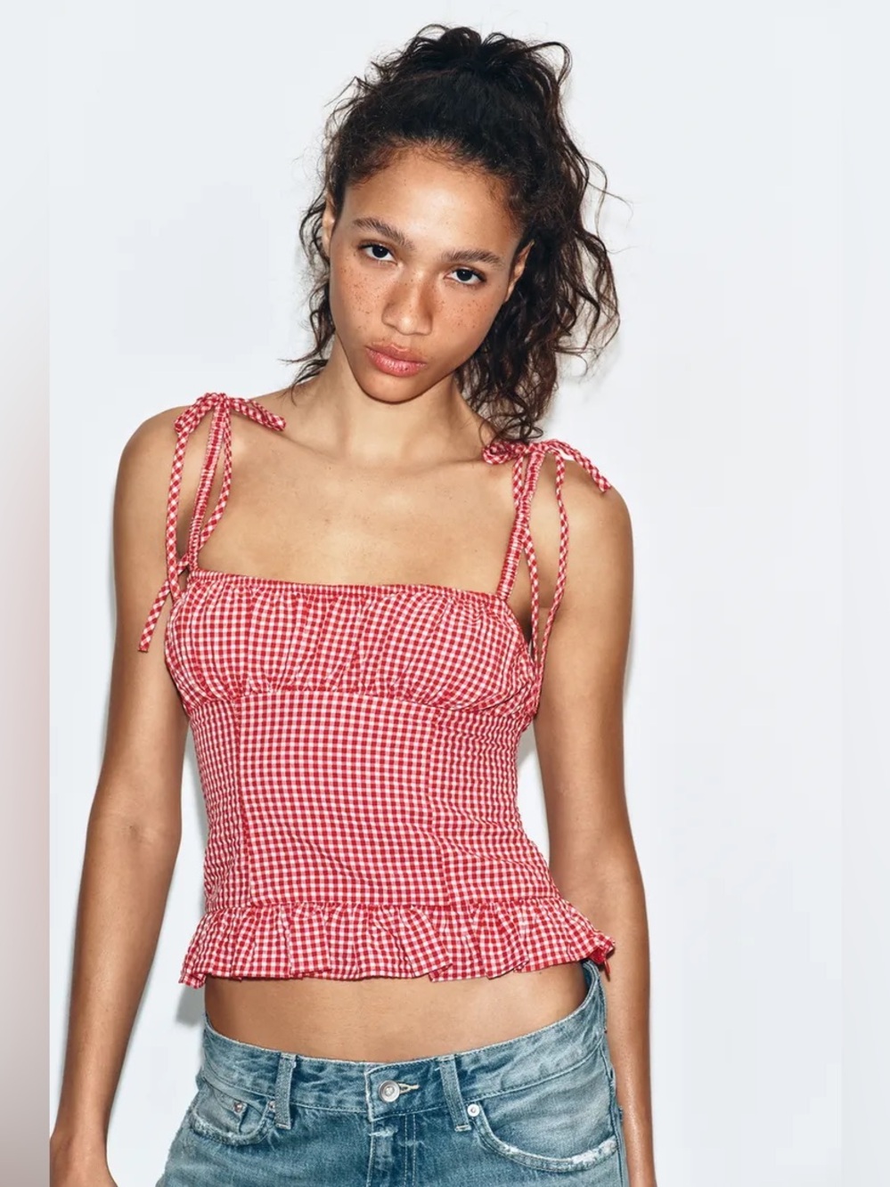 Zara Red and White Gingham Tie-Strap Dress. POP